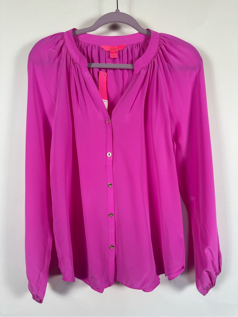 Lilly Pulizer NWT Saige 100%‎ Silk Top MEDIUM Orchid Oasis Work Office Corpcore